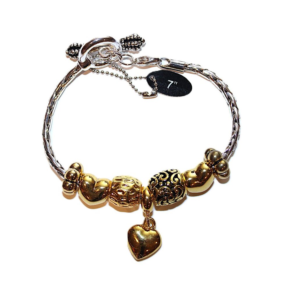 DaVinci Charm Bracelet 7" w/ 5 Beads & 2 Stoppers - Gold-Toned Hearts Love NWT